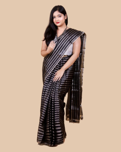 Midnight Glimmer: Black Chanderi Silk Saree with Silver Zari Stripes – Woven Elegance in Five Days