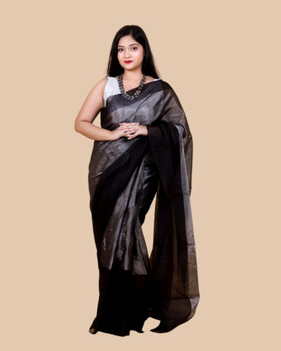 Elegant Black & Silver Tissue Cotton Chanderi Saree with Subtle Metallic Sheen Elegant Black & Silver Tissue Cotton Chanderi Saree with Subtle Metallic Sheen