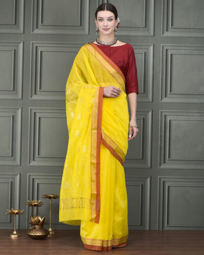 Radiant Weave: Pure Silk and Mercerized Cotton Saree Embellished with Gold and Silver Zari Motifs