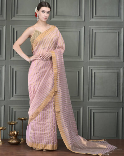 Kiramji Charm: Handwoven Chanderi Silk & Mercerized Cotton Saree with Subtle Stripes