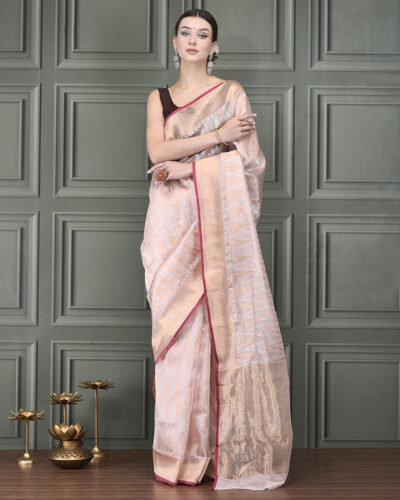 Chanderi Royalty: Pure Chanderi Silk Saree with Zig-Zag and Stripe Handloom Magic Chanderi Royalty: Pure Chanderi Silk Saree with Zig-Zag and Stripe Handloom Magic