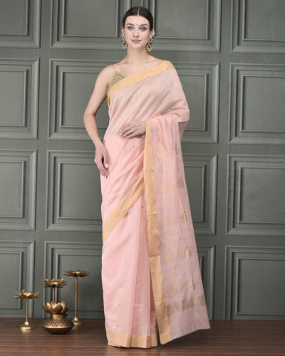 Shoulder Grace: Chanderi Silk & Mercerized Cotton Saree with Double Boat Shuttle Booti