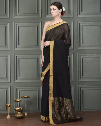 Refined Minimalism: Mercerized Cotton & Chanderi Silk Saree Adorned with a Classic Zari Border