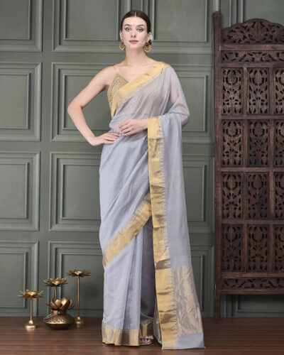Understated Beauty: Mercerized Cotton & Chanderi Silk Handloom Saree Accented with a Classic Zari Border