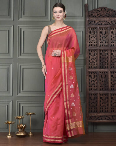 Zari Radiance: Pure Silk & Mercerized Cotton Saree with All-Over Gold and Silver zari Motifs