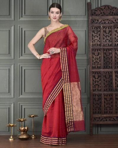 Grace in Simplicity: Mercerized Cotton–Chanderi Silk Handloom Saree with Timeless Zari Border