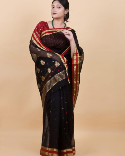 Luminous Zari Elegance: Pure Silk and Mercerized Cotton Saree Adorned with Gold & Silver Zari Motifs All Over