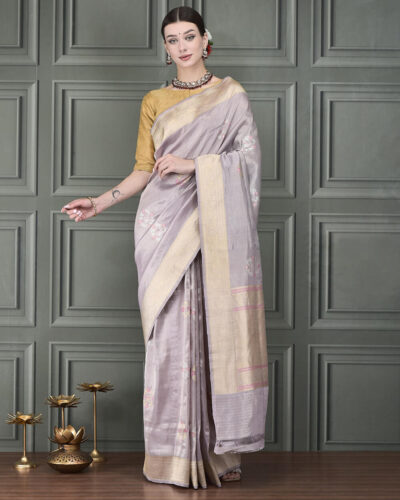 Banarasi Tissue Silk Handloom Saree in Light Grey with Ring Boota Birds & Alfi Meena