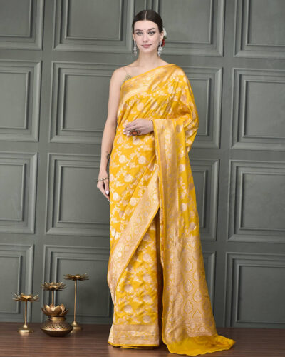 Classic Banarasi Katan silk saree showcasing the heritage Katwarjaal design