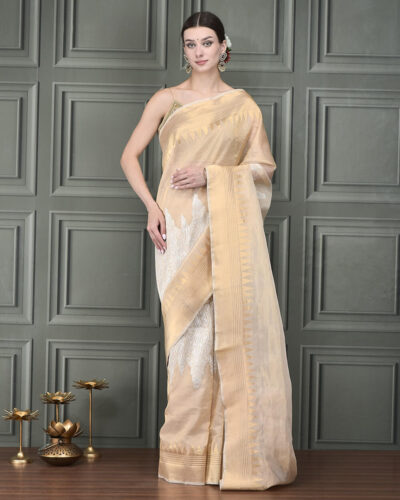 Pure Kora silk Banarasi adorned with delicate silver zari artistry