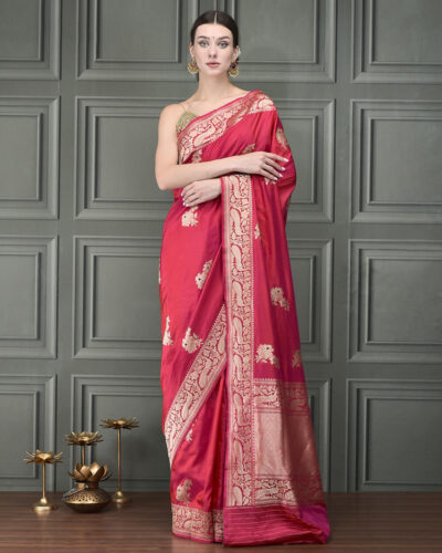 Royal Banarasi Handloom Silk Saree Featuring Floral Boota in Golden Zari