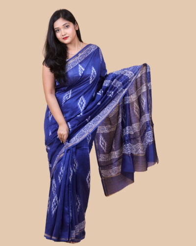 Indigo Ikat Motif Printed Chanderi Silk Saree Indigo Ikat Motif Printed Chanderi Silk Saree