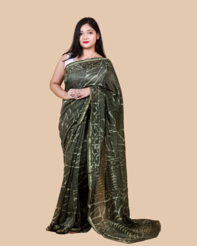 Olive Green Abstract Shibori Print Chanderi Silk Saree Olive Green Abstract Shibori Print Chanderi Silk Saree