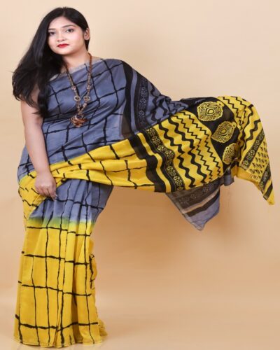 Chanderi Charm: Handwoven Chanderi Silk & Mercerized Cotton Saree in Gray & Yellow colour Chanderi Charm: Handwoven Chanderi Silk & Mercerized Cotton Saree in Gray & Yellow colour