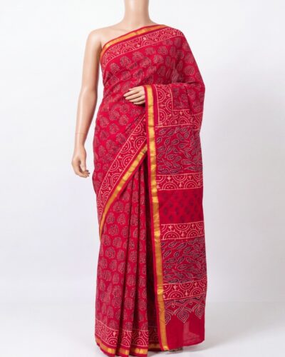 Red Mulmul Cotton Handblock Print Saree
