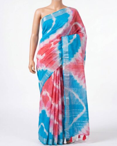 Sky Blue, Pink & White Cotton Linen Hand Block Printed Saree