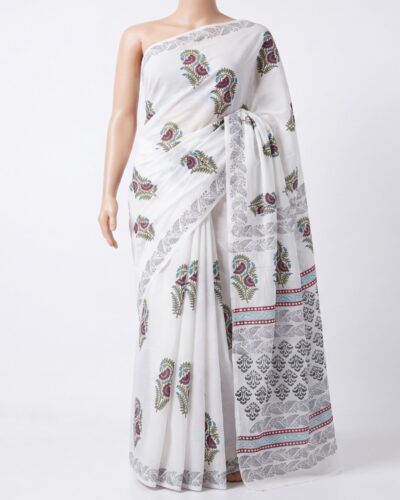 White Mulmul Cotton Handblock Print Saree