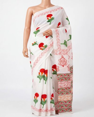 White Mulmul Cotton Handblock Print Saree