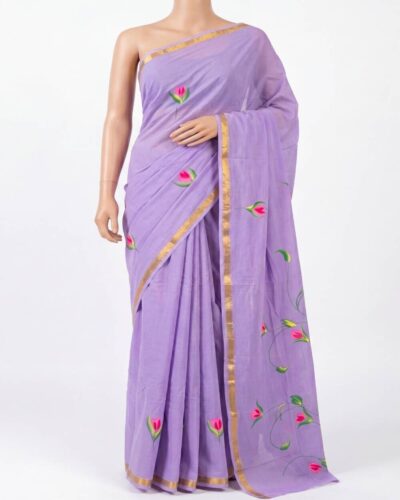 Levender Mulmul Cotton Hand-Brush Painted Saree