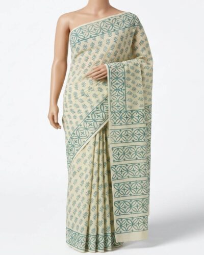 Pastel Lime Mulmul Cotton Handblock Print Saree