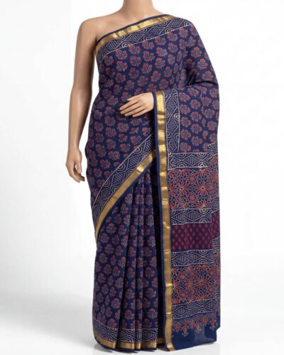 Indigo Blue Mulmul Cotton Handblock Print Saree