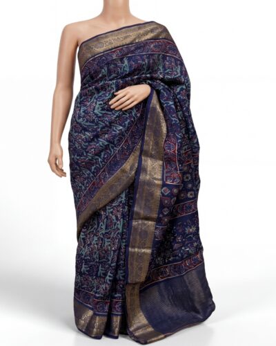 Navy Blue Dola Silk Ajrakh Handblock Print Saree
