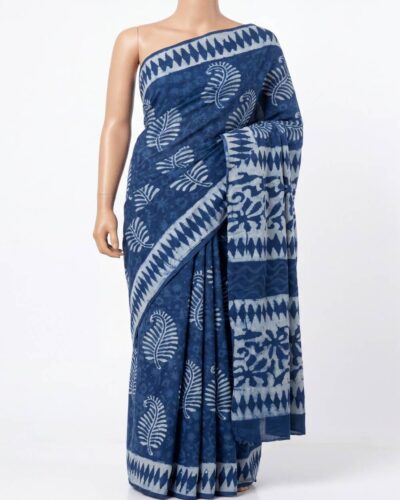 Indigo Blue Mulmul Cotton Handblock Print Saree