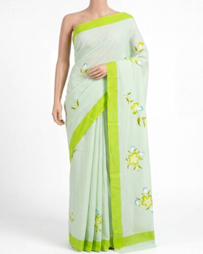 Seafoam Green Mulmul Cotton Hand Brush Painted Saree
