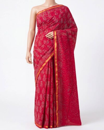 Red Mulmul Cotton Handblock Print Saree