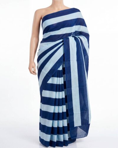 Indigo Blue & Sky Blue Mulmul Cotton Handblock Print Saree