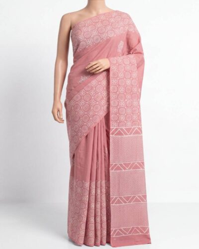 Peach Mulmul Cotton Handblock Print Saree