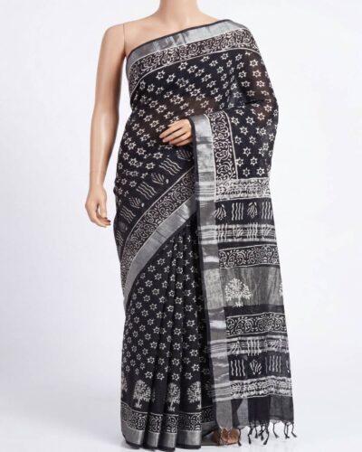 Charcoal Grey Cotton Linen Hand Block Printed Saree Charcoal Grey Cotton Linen Hand Block Printed Saree