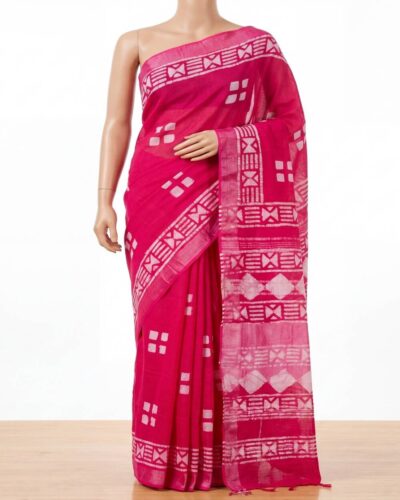 Rose Pink Cotton Linen Hand Block Printed Saree