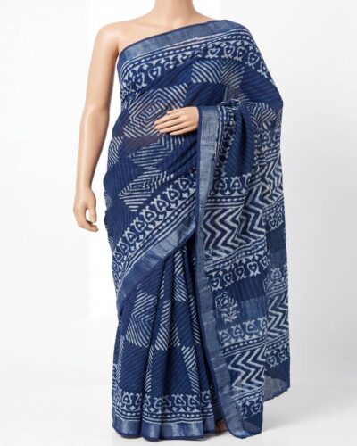 Indigo Blue Cotton Linen Hand Block Printed Saree Indigo Blue Cotton Linen Hand Block Printed Saree