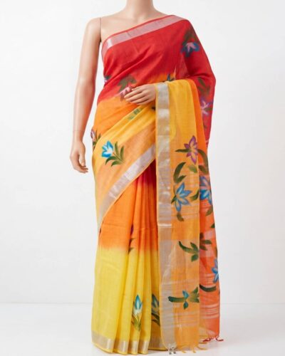 Lemon Yellow, Marigold Orange & Crimson Red Cotton Linen Hand Brush Painted Saree Lemon Yellow, Marigold Orange & Crimson Red Cotton Linen Hand Brush Painted Saree