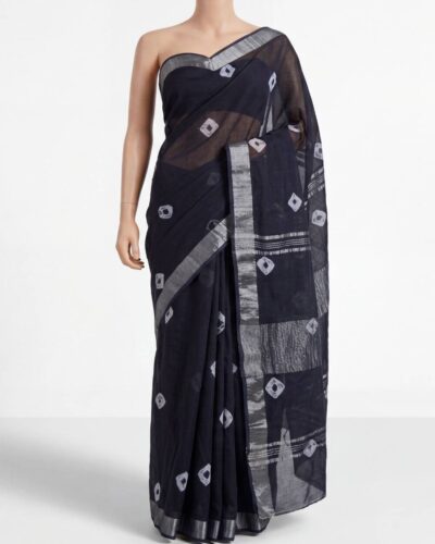 Black Cotton Linen Hand Block Printed Saree Black Cotton Linen Hand Block Printed Saree