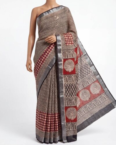 Neutral Beige Cotton Linen Hand Block Printed Saree Neutral Beige Cotton Linen Hand Block Printed Saree