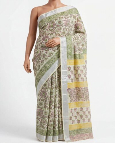 Light Green Cotton Linen Hand Block Printed Saree Light Green Cotton Linen Hand Block Printed Saree