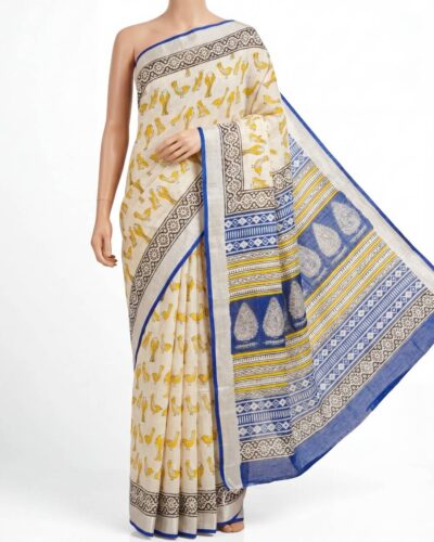 White Cotton Linen Hand Block Printed Saree