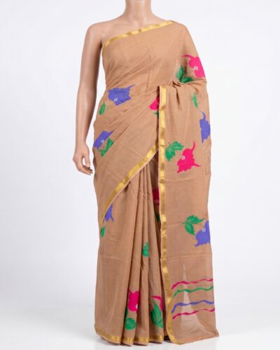 Peach – Hued Mulmul Cotton Hand-Brush Painted Saree