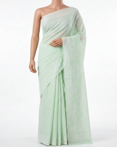 Mint Green Mulmul Cotton Handblock Print Saree