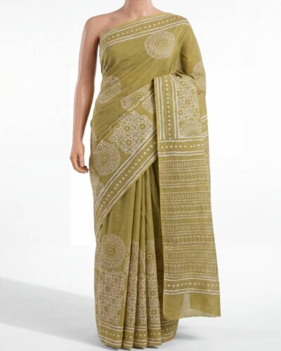 Olive-Mustard Mulmul Cotton Handblock Print Saree