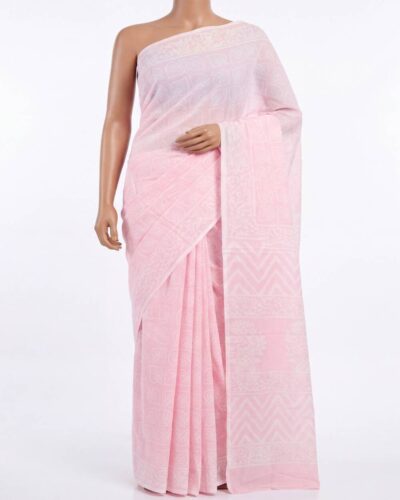 Baby Pink Mulmul Cotton Handblock Print Saree Baby Pink Mulmul Cotton Handblock Print Saree