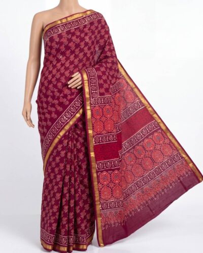 Maroon Mulmul Cotton Handblock Print Saree