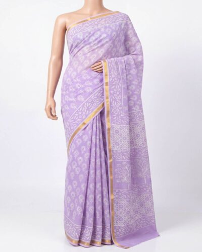 Levender Mulmul Cotton Handblock Print Saree
