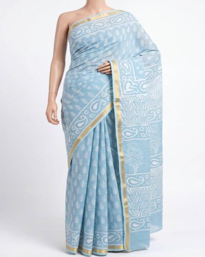 Sky Blue Mulmul Cotton Handblock Print Saree