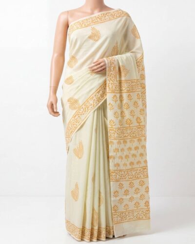 Light Green Mulmul Cotton Handblock Print Saree