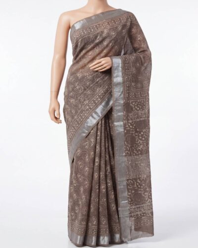 Mud-Brown Cotton Linen Hand Block Printed Saree Mud-Brown Cotton Linen Hand Block Printed Saree