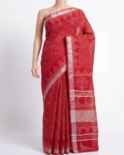 Red Cotton Linen Hand Block Printed Saree Red Cotton Linen Hand Block Printed Saree