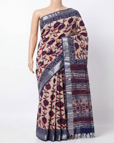 Indigo Blue Cotton Linen Hand Block Printed Saree Indigo Blue Cotton Linen Hand Block Printed Saree